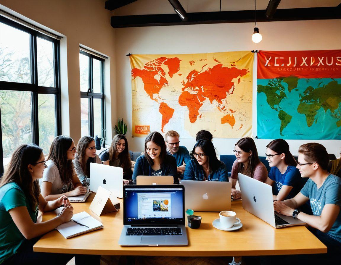 A diverse group of enthusiastic bloggers collaborating in a vibrant, cozy workspace filled with laptops, notebooks, and coffee cups. The atmosphere is lively, with colorful banners showcasing the Youjixz Community logo in the background. Light beams through large windows, illuminating a creative brainstorming session. Include a digital world map on the wall symbolizing global connections. modern illustration. bright colors. engaging composition.