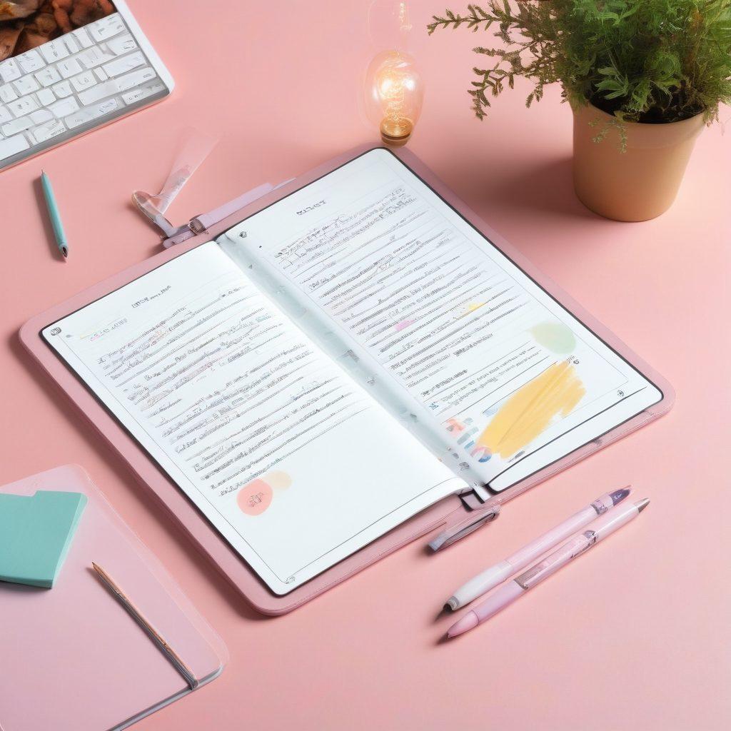 A beautifully designed digital diary interface on a sleek tablet, with vibrant colorful entries filled with handwritten notes, doodles, and photos. Surrounding the tablet are various metaphoric icons representing creativity, organization, and personal growth, like a lightbulb, gears, and a tree. Soft, inviting lighting casts a warm glow on the scene, emphasizing the art of journaling in the digital age. pastel colors. modern aesthetic. high-quality illustration.